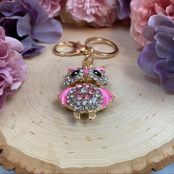 Hot Pink Crystal Owl on a Gold Keychain - Picture 8 of 12